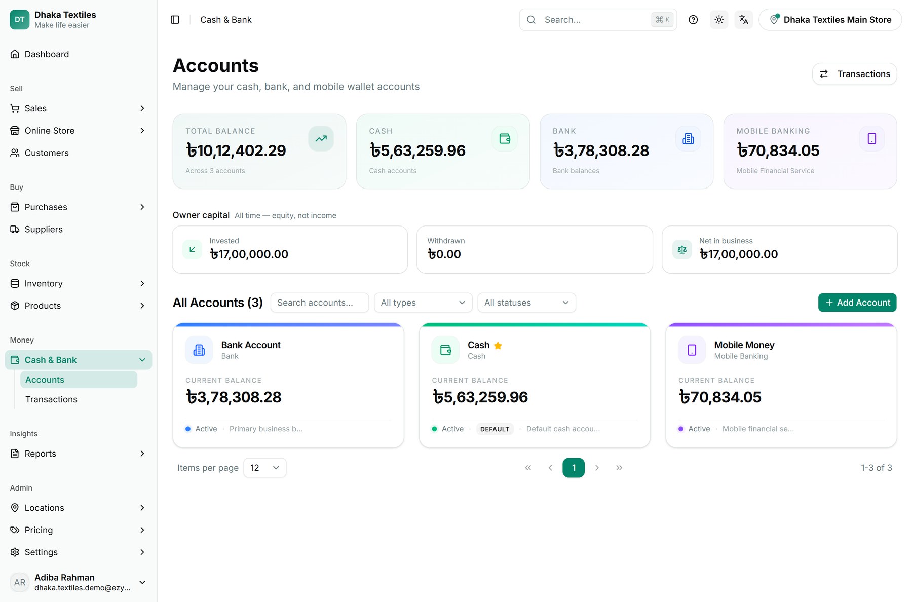 The Accounts screen — total balance split across cash, bank and mobile banking, owner capital invested and withdrawn, and a card for each account