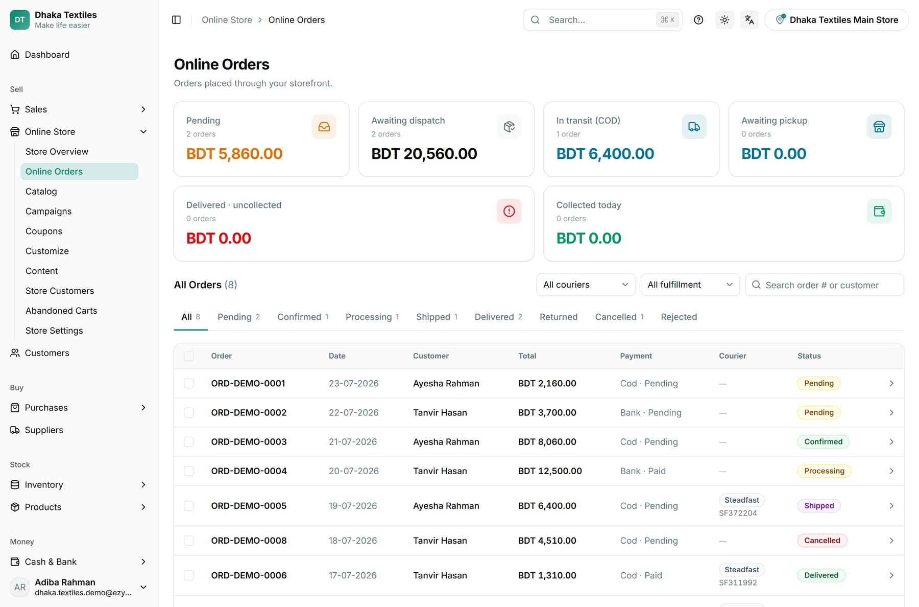 The Online Orders screen — pending, awaiting dispatch and in-transit totals across the top, then an order list showing payment method, courier and status
