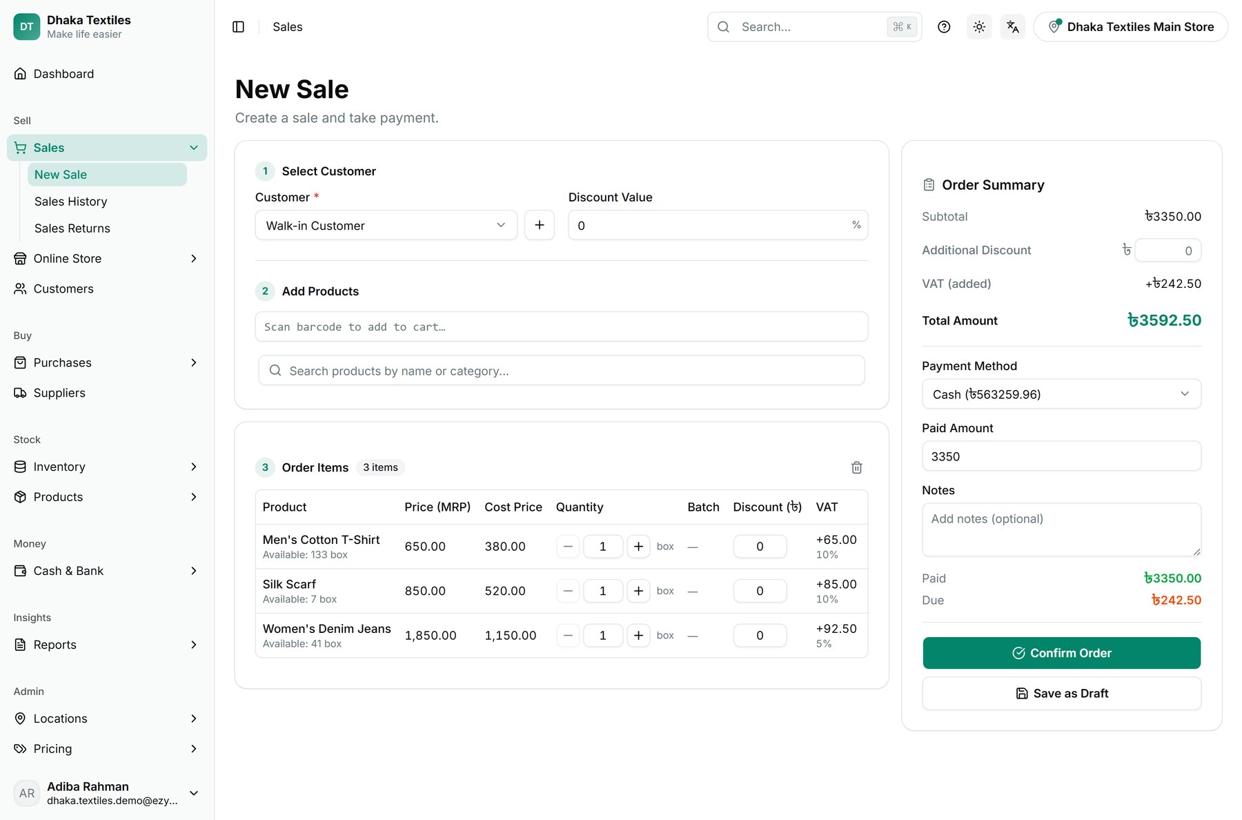 The New Sale counter with three items in the cart, each showing price, cost, quantity and its own VAT rate, and an order summary totalling VAT and the amount due