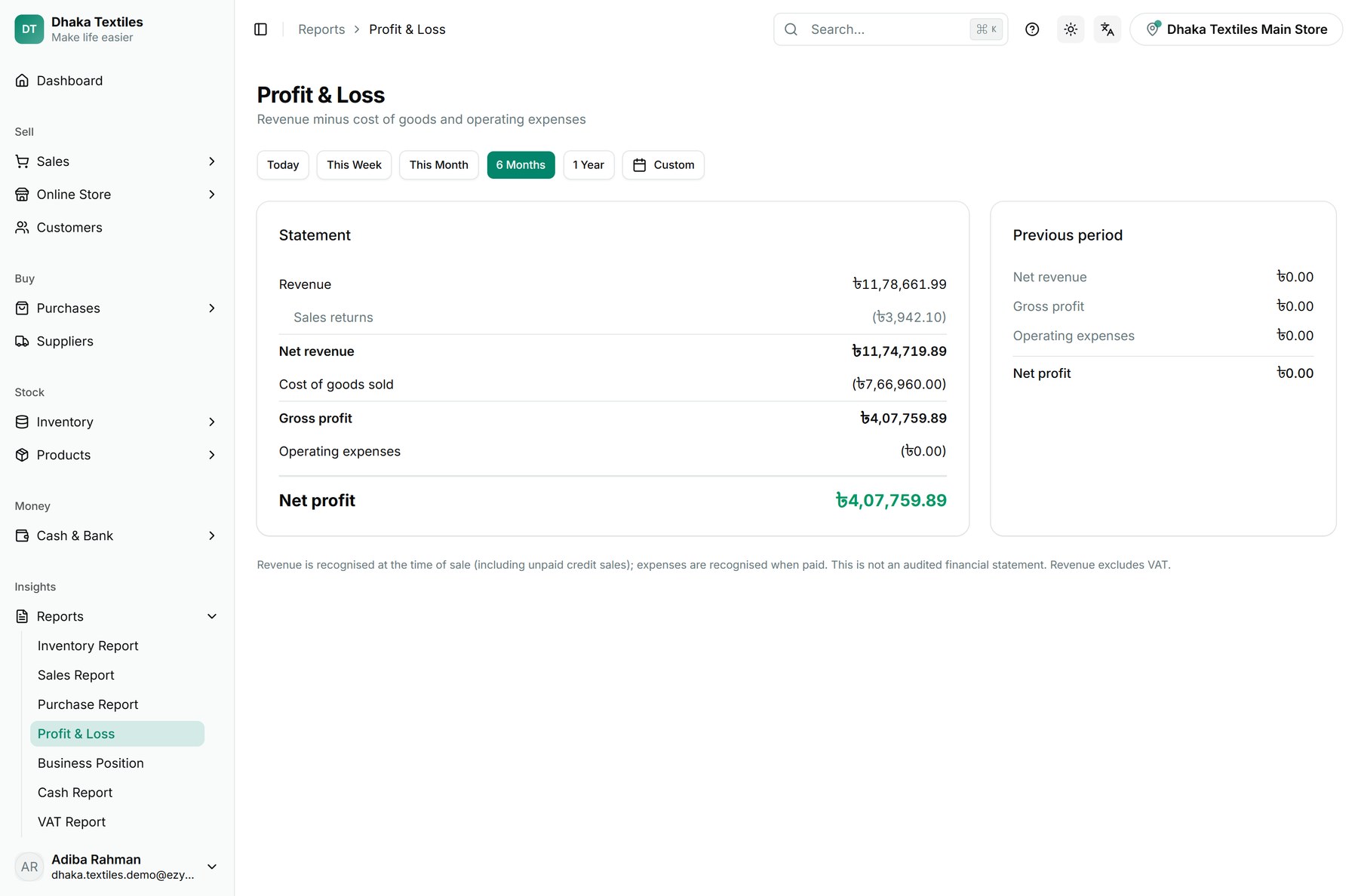 The Profit & Loss report — revenue, sales returns, cost of goods sold, gross profit and net profit for the selected period, next to the same figures for the previous one