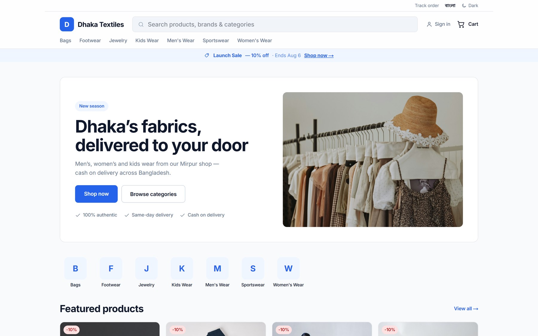 A published EzyCore storefront on its own domain — branded header, category navigation, a seasonal hero and featured products with discount badges