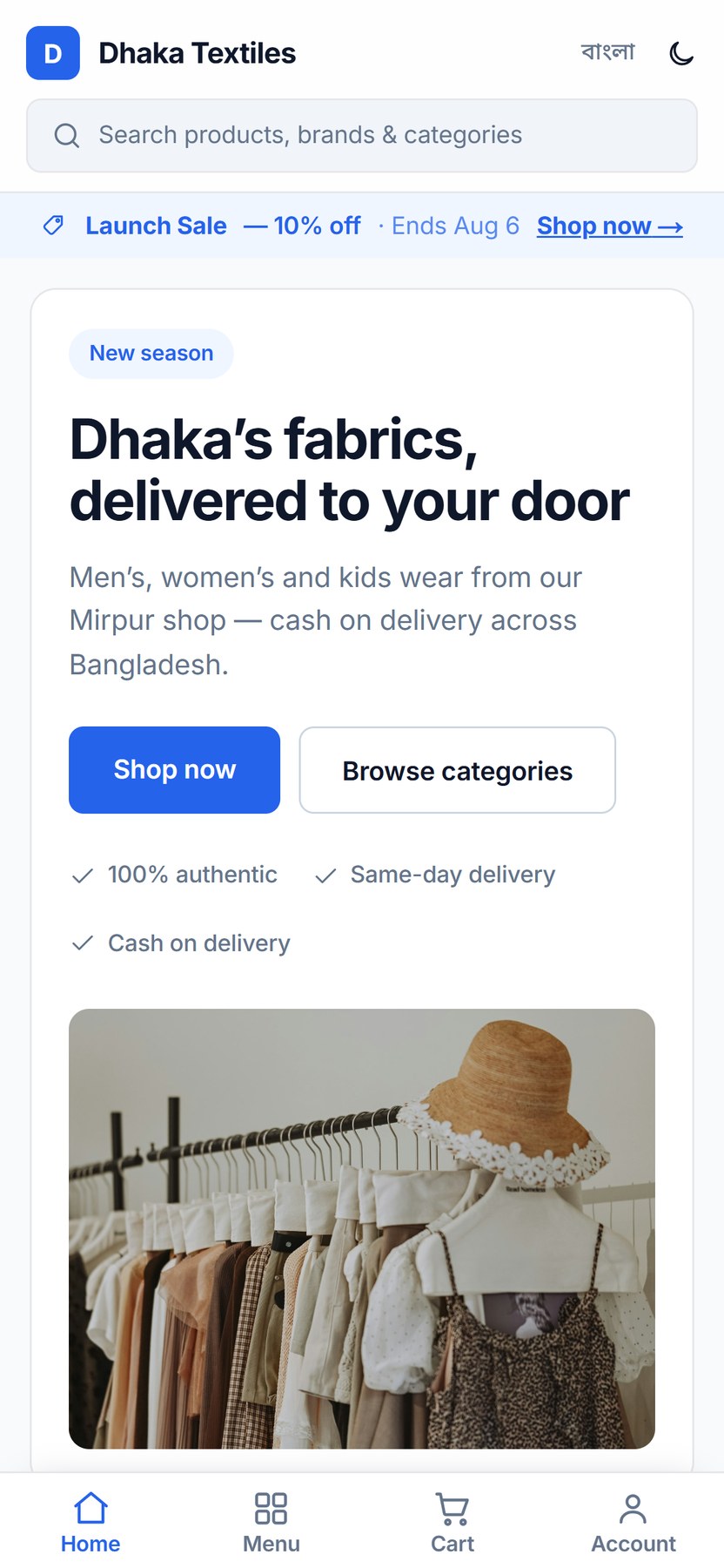 The same storefront on a phone, with the category menu and product grid laid out for a small screen
